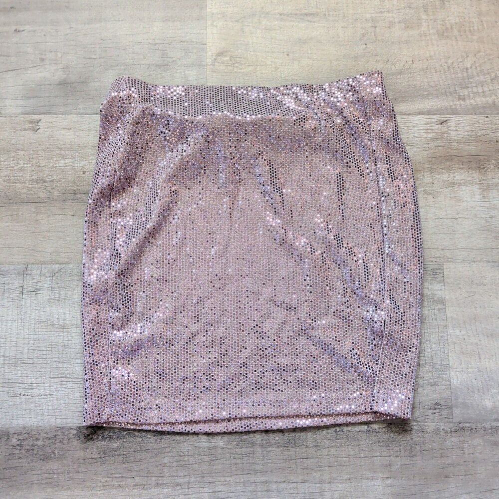 ​Windsor Pink Sequin Bodycon Mini Skirt Side Slit Metallic Sparkly Clubwear M